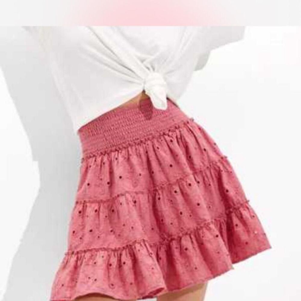 Y2K American Eagle Cotton Linen pink eyelet mini skirt SizeXS Fall Coquette Boho